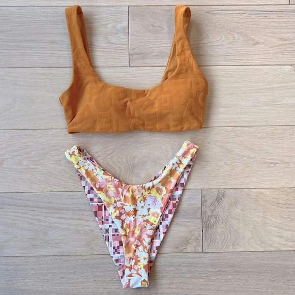 L*space Logo Floral Two Piece High Waist Cheeky Bikini Orange Pink Small Summer - Picture 1 of 7